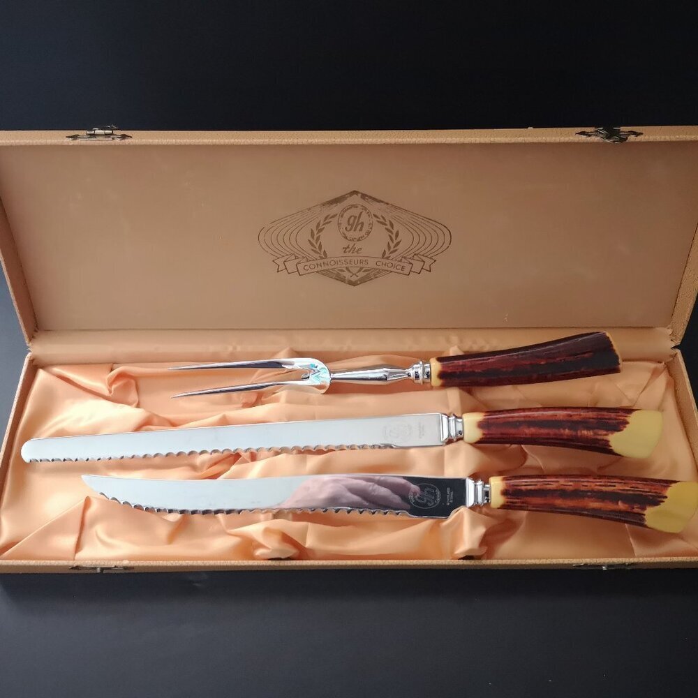 VTG Connoisseurs Choice Glo-Hill 3 Pc. Carvery Set Canada Bakelite Handles Box